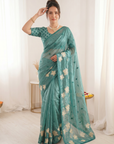 Dark Blue Soft Oris Silk with Floral Applique Work Saree