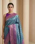 Sky Blue Soft Ikkat Patola Silk Geometric Ikkat Weaves Saree