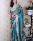 Blue Soft Tussar Silk with Floral & Birds Printed and Zari Border Saree