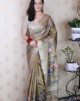 Gold Soft Tussar Silk with Floral & Birds Printed and Zari Border Saree