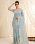 Sky Blue Crush Organza Silk Saree with Embroidery Stripe Pattern