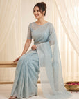 Sky Blue Crush Organza Silk Saree with Embroidery Stripe Pattern