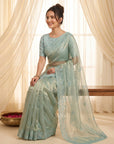 Sky Blue Organza Silk Saree with Sequins Embroidery Work Saree