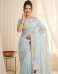 Sky Blue Premium Tissue Silk Saree with Multi Threadwork