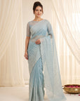 Sky Blue Crush Organza Silk Saree with Embroidery Stripe Pattern