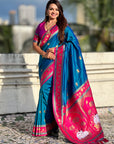 Rama Blue Soft Traditional Silk Saree with Zari Woven Cow Motifs and Pichwai Pallu
