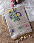 White Premium Flora Tussar Silk Resham Paithani Saree