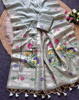 Sky Blue Premium Flora Tussar Silk Resham Paithani Saree
