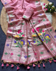 Pink Premium Flora Tussar Silk Resham Paithani Saree