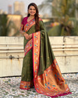 Dark Mehendi Green Rajhans(Swan) & Peacock Meenakari Paithani Silk Saree