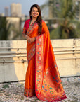 Orange Rajhans(Swan) & Peacock Meenakari Paithani Silk Saree