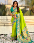 Parrot Green Rajhans(Swan) & Peacock Meenakari Paithani Silk Saree
