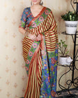 Brown Soft Tussar Silk Striped & Floral Printed Saree