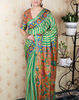 Pista Green Soft Tussar Silk Striped & Floral Printed Saree