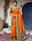 Orange Vidya Balan Inspired Muniya Temple Paithani Silk Saree