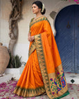 Orange Vidya Balan Inspired Muniya Temple Paithani Silk Saree