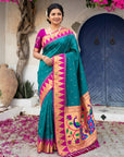 Peacock Blue Vidya Balan Inspired Muniya Temple Paithani Silk Saree