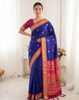 Violet Traditional Soft Silk Saree with Floral & Peacock Pattern Saree