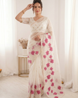 White Soft Oris Silk with Floral Applique Work Saree