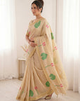 White Premium Soft Linen Cotton with Lotus & Leafs Pattern Saree