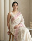 White Soft Muga Cotton with Handblock Kalamakri Pattern Saree
