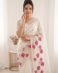 White Soft Oris Silk with Floral Applique Work Saree