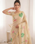 White Premium Soft Linen Cotton with Lotus & Leafs Pattern Saree