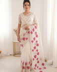 White Soft Oris Silk with Floral Applique Work Saree