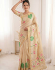 White Premium Soft Linen Cotton with Lotus & Leafs Pattern Saree