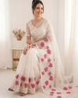 White Soft Oris Silk with Floral Applique Work Saree