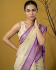 Cream & Purple Soft Handloom with detailed Motifs Silk Saree