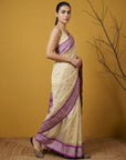 Cream & Purple Soft Handloom with detailed Motifs Silk Saree