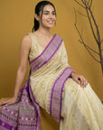 Cream & Purple Soft Handloom with detailed Motifs Silk Saree
