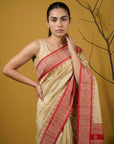 Cream & Red Soft Handloom with detailed Motifs Silk Saree