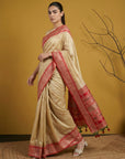 Cream & Red Soft Handloom with detailed Motifs Silk Saree