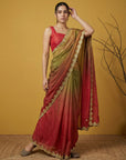 Red & Green Soft Fendy Satin with Gotapatti Work Padding Saree