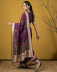 Wine Organza Silk Jamdani Pattern Zari Woven Saree