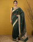 Bottle Green Organza Silk Jamdani Pattern Zari Woven Saree