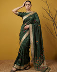 Bottle Green Organza Silk Jamdani Pattern Zari Woven Saree
