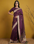 Wine Organza Silk Jamdani Pattern Zari Woven Saree