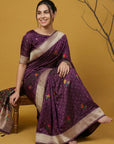 Wine Organza Silk Jamdani Pattern Zari Woven Saree