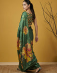 Bottle Green Soft Fendy Satin with Handwork Embroidery Saree