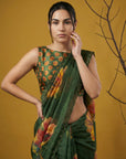 Bottle Green Soft Fendy Satin with Handwork Embroidery Saree