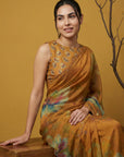 Mustard Yellow Soft Fendy Satin with Handwork Embroidery Saree