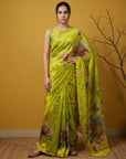 Parrot Green Soft Fendy Satin with Handwork Embroidery Saree