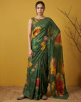 Bottle Green Soft Fendy Satin with Handwork Embroidery Saree
