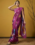 Dark Pink Soft Fendy Satin with Handwork Embroidery Saree