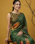 Bottle Green Soft Fendy Satin with Handwork Embroidery Saree