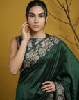 Bottle Green Soft Tropical Floral Printed Silk Saree