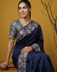 Navy Blue Soft Tropical Floral Printed Silk Saree